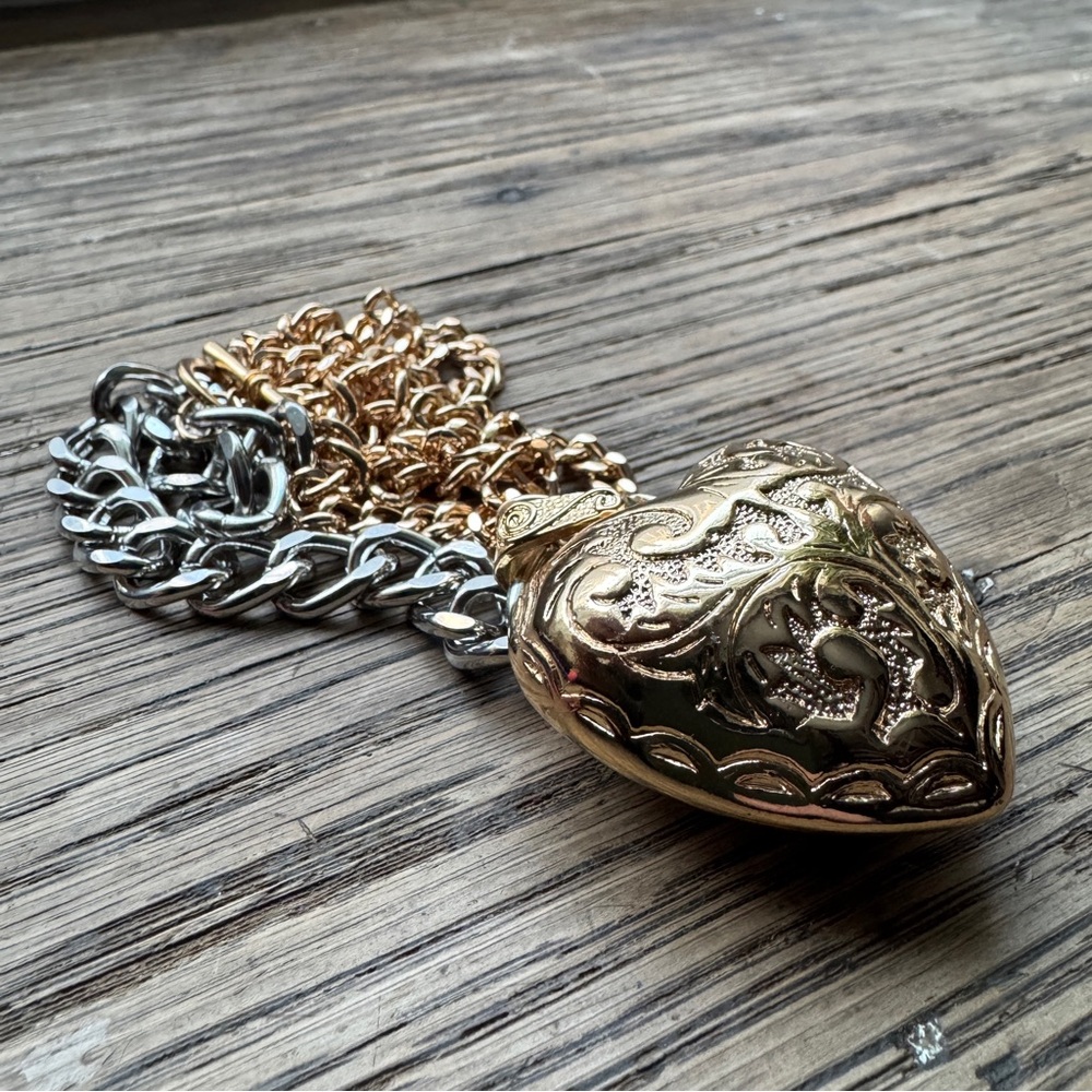 Puffy Heart Necklace Thick Gold & Silver Chain - Picture 6 of 7